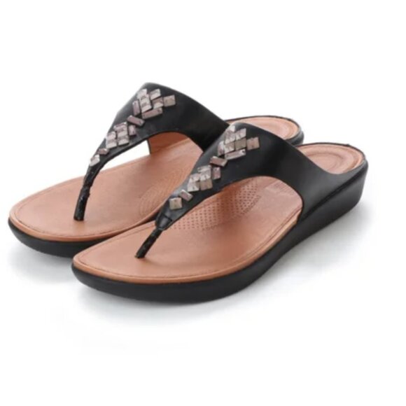 Fitflop Shoes - FITFLOP Banda Crystal Toe-Post Thong Sandals Black Leather Comfort - Size US 10
